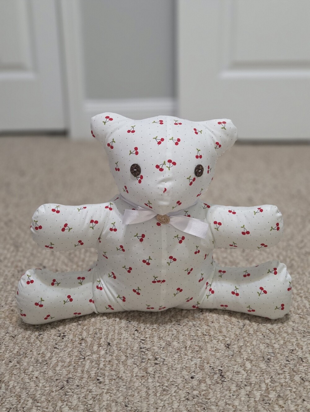 Hand Crafted White Plush Bear with Red Cherry Print
